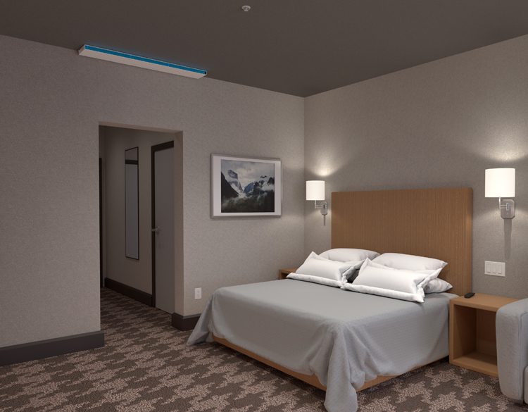 Safeology Upper Room UVC Linear Wall Fixture in Hotel Setting Safeology Upper Room UVC Linear Wall Fixture in Hotel Setting