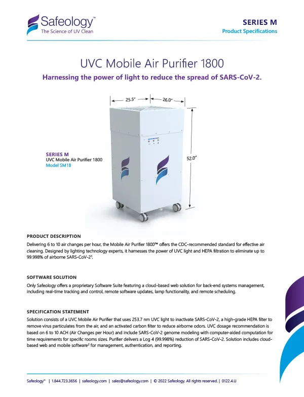 UVC Mobile Air Purifier 1800 Spec Sheet Front Page Image
