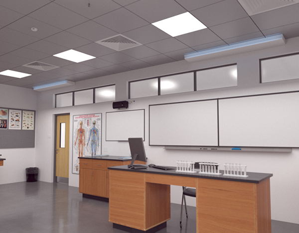 UVC Upper Room Linear Wall Fixture setting in classroom