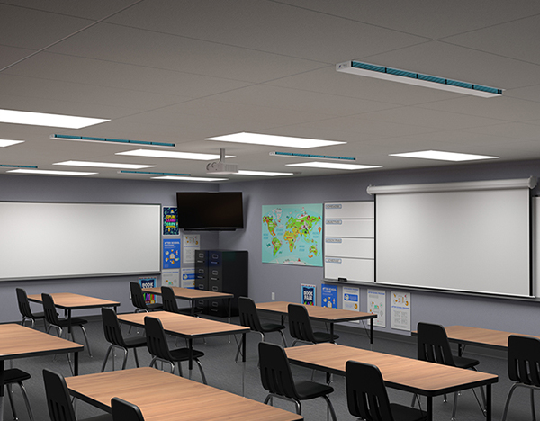UVC Upper Room Linear Recessed Fixture in classroom setting UVC Upper Room Linear Recessed Fixture in classroom setting