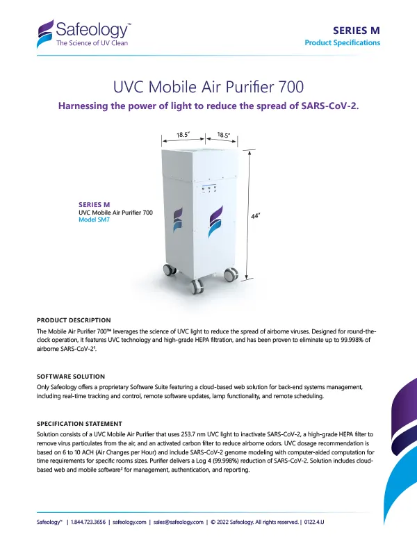 UVC Mobile Air Purifier 700 Spec Sheet Front Page 
