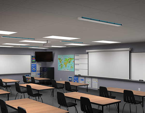 UVC Upper Room Linear Recessed Fixture in classroom setting
