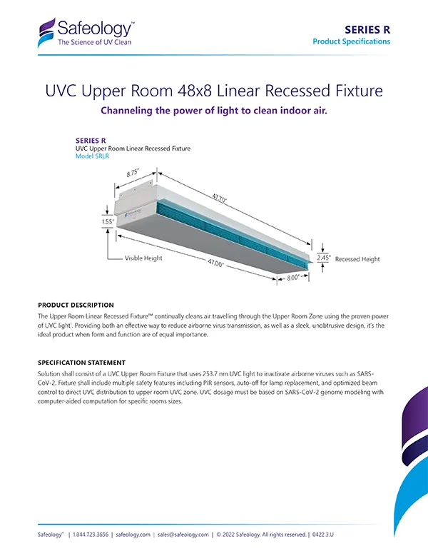 UVC Upper Room 48x8 Linear Recessed Fixture Spec Sheet Image